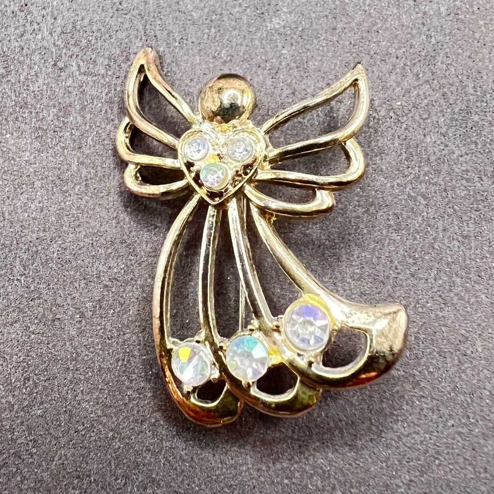 Angel Brooch Pin Gold Tone with Aurora Borealis Rhinestones
